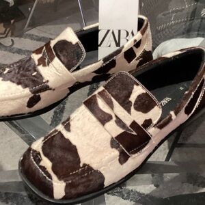 Zara Brown and White Cow Print Loafers